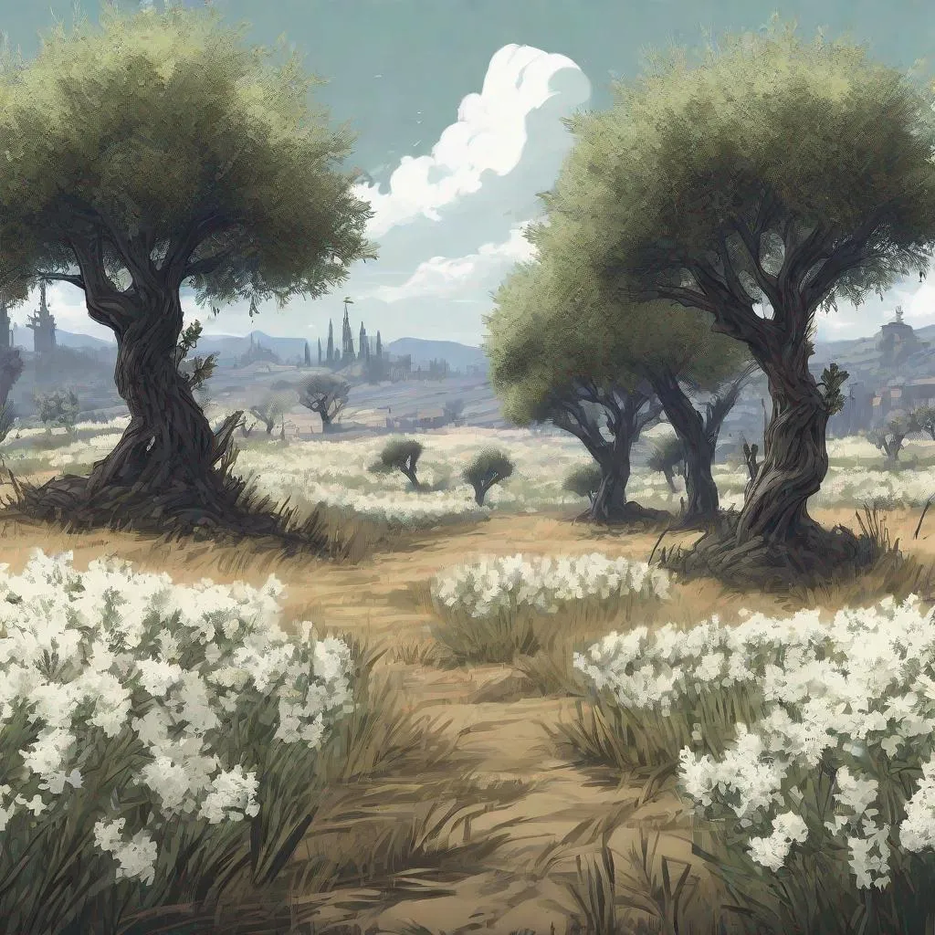 Prompt: Create an illustration of a field with several olive trees, white flowers, and wheat. based on the aesthetics of the video game Bloodborne.