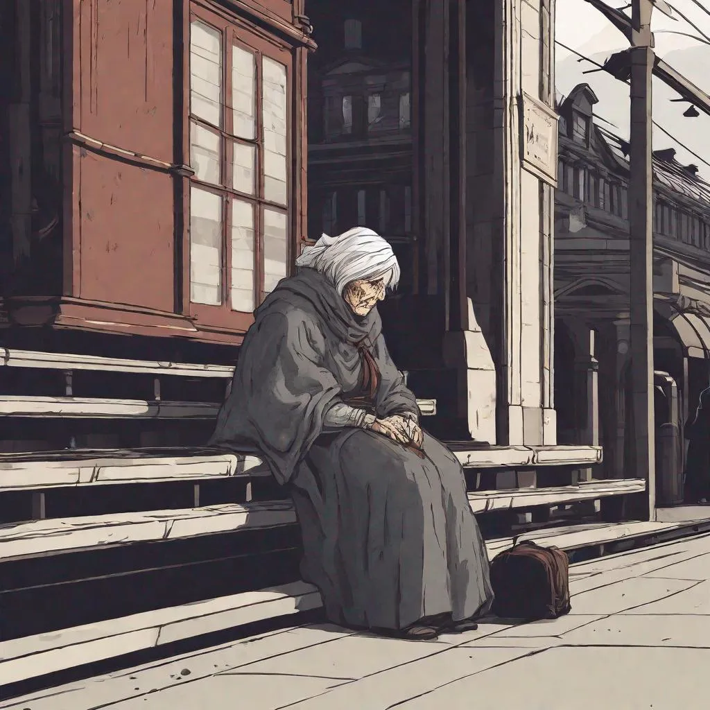 Prompt: Create an illustration of an old woman waiting outside a train station. based on the aesthetics of the video game Bloodborne.