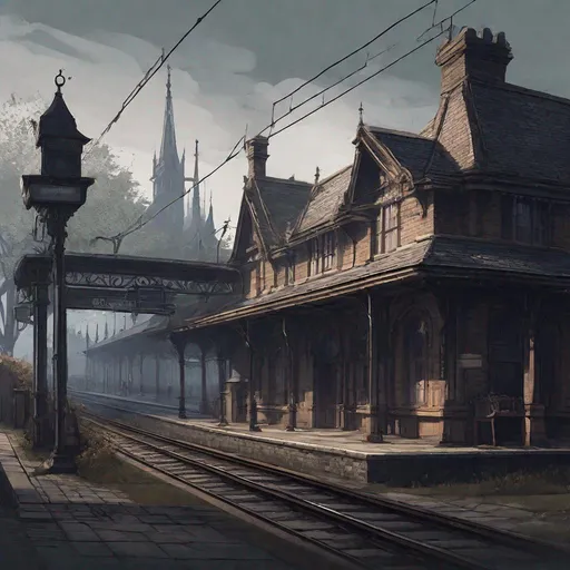 Prompt: Create an illustration of a rural train station without people. based on the aesthetics of the video game Bloodborne.
