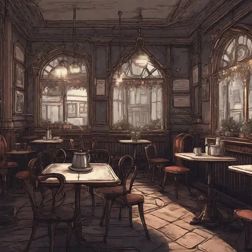 Prompt: Create an illustration of the interior of a small Victorian cafe without people. based on the aesthetics of the video game Bloodborne.