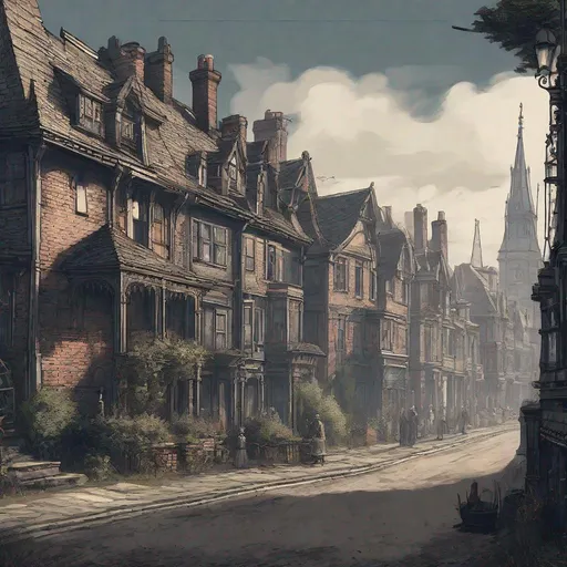 Prompt: Create a ilustration of a victorian village seen through a window in the afternoon. based on the aesthetics of the videogame bloodborne.