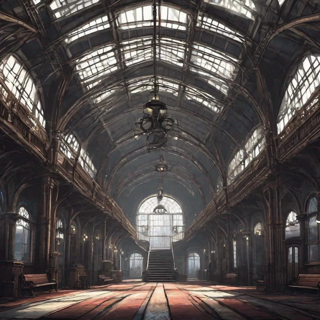 Prompt: Create an illustration of the interior of a Victorian train station without people. based on the aesthetics of the video game Bloodborne.