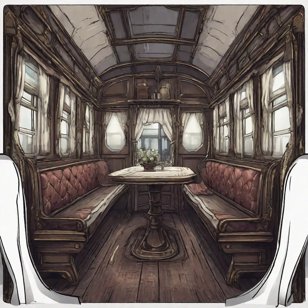 Prompt: Create illustration of the interior of a Victorian train carriage based on the aesthetics of the video game Bloodborne.