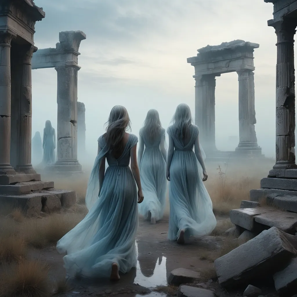 Prompt: (haunting image), ethereal ghosts, (dreamlike atmosphere), soft wisps of translucent figures, (faded silhouettes), drifting through a desolate landscape, melancholic colors of pale blue and grey, (gloomy and mysterious vibe), ancient ruins in the background, gentle mist enveloping the scene, (highly detailed), (4K resolution), evoking a sense of nostalgia and loss.