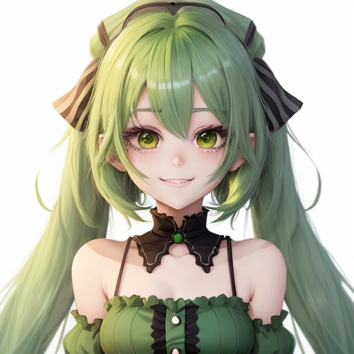 Prompt: green hair anime girl cheery and cute