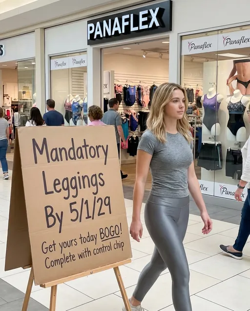 Prompt: This is a photograph of a twenty year old Caucasian woman walking past a sign at the mall. She is wearing a snug grey T-shirt and grey wetlook leggings. Behind her is a sign that reads "Mandatory Leggings By 5/1/29" with a line underneath saying "Get yours today BOGO! Complete with control chip". The department store is called "Panaflex" and all the leotards have a "Panaflex" logo on them.