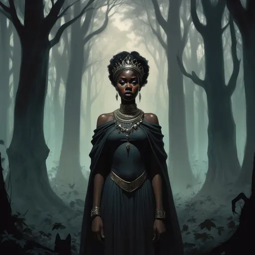 Prompt: A dark, forest clearing with shadowy faces staring from the trees: The black African princess standing in the center of a forest clearing, but around her, the trees are filled with ghostly faces watching, their eyes wide and empty. The whole scene feels trapped in time, filled with a sense of doom.