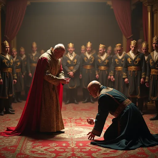 Prompt: A minister comes out and bow to the king