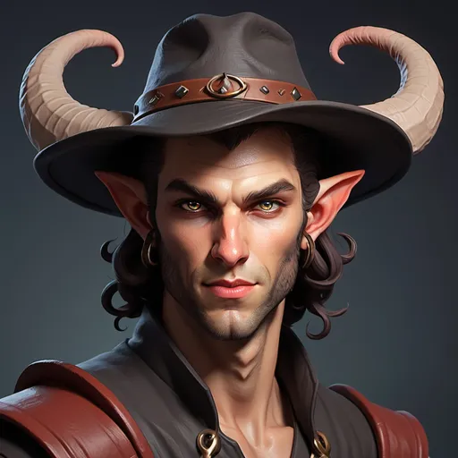 Prompt: Male Caucasian tiefling with hat