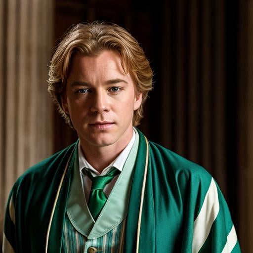 Prompt: Gilderoy Lockhart, wearing robes with green and white stripes. 