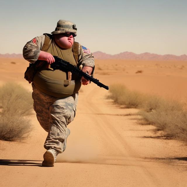 Prompt: Fat American soldier struggling to run with a very big gun through a desert 