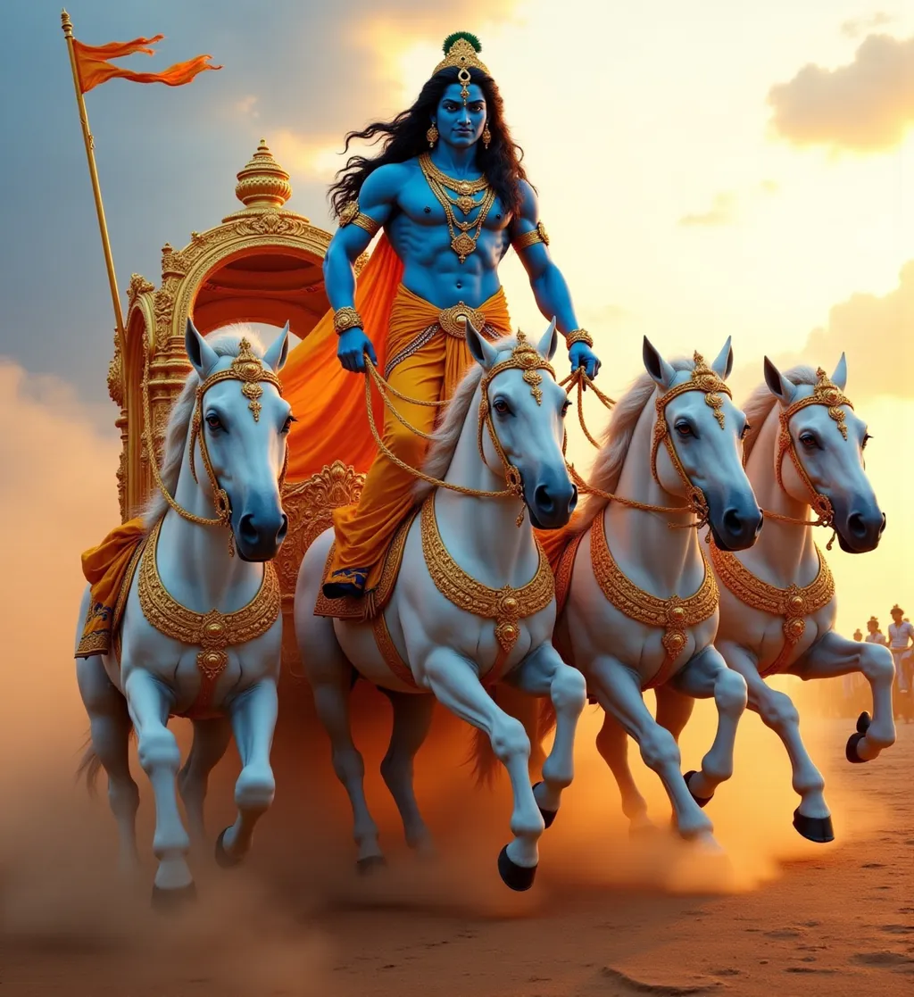 Prompt: Lord @5YUTvJOCf8ocQtUby7SK  standing proudly on a grand golden chariot pulled by four large, powerful white horses galloping forward in unison. @5YUTvJOCf8ocQtUby7SK  has a glowing blue complexion, moon-like radiant face, expressive eyes closed in divine focus, and long black curls flowing behind his golden crown. He wears a yellow silk dhoti with a golden waistband and a blue scarf fluttering in the wind. Both his hands hold a divine conch (shankh) near his lips as he blows into it. The horses are decorated with golden bridles and ornaments, muscles tensed in dynamic motion. The chariot glows with divine carvings, flags fluttering above. The background shows a battlefield with rising dust and early morning golden light breaking through clouds, creating a powerful divine aura around Krishna and his chariot.