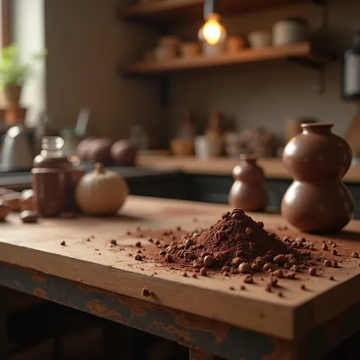 Prompt: Create a beautiful image of a chocolate making table with a chocolate workshop background.