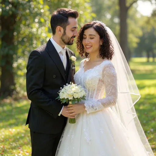 Prompt: In a picturesque outdoor setting, a bride and groom stand closely together, their hands intertwined, radiating joy on their wedding day. The bride, adorned in an exquisite white gown embellished with intricate lace and floral details, has her hair elegantly styled, complemented by a delicate veil cascading down her back. Her expression is one of happiness and confidence as she holds a bouquet of white flowers. Beside her, the groom, dressed in a classic black suit with a white shirt and tie, gazes at her with affection, adding to the romance of the moment. Lush greenery in the background enhances the enchanting atmosphere, basking in soft, natural light that imbues the scene with warmth and celebration.