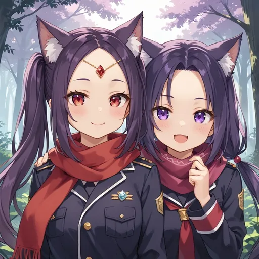 Prompt: *the catgirl is wearing a violet uniform with a scarf around her neck, she has long purple hair and side ponytails, she also has a gem on her forehead, one eye is purple and the other is red, she's also got a cute but innocent expression on her face, in the background is a purple forest*