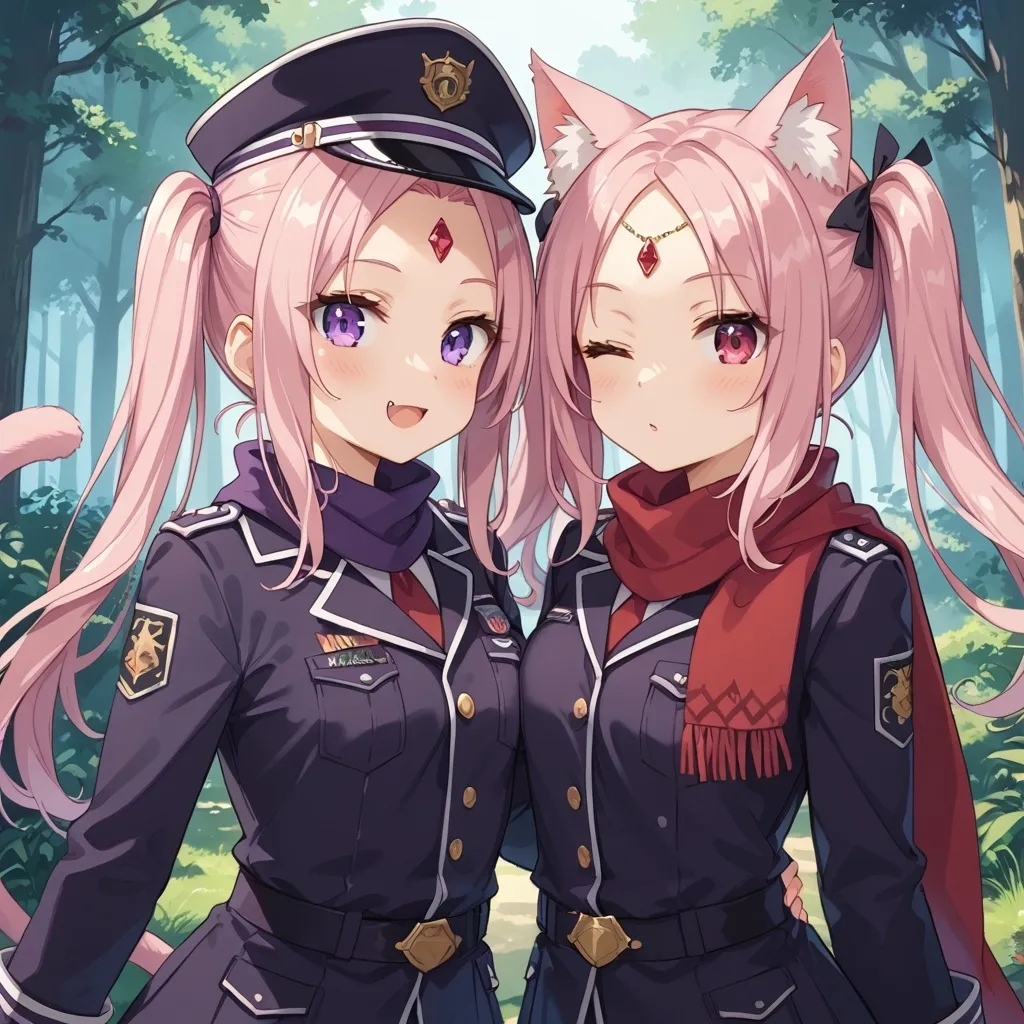 Prompt: *the catgirl is wearing a violet uniform with a scarf around her neck, she has long purple and pink hair and side ponytails, she also has a gem on her forehead, one eye is purple and the other is red, she's also got a cute but innocent expression on her face, in the background is a purple forest*