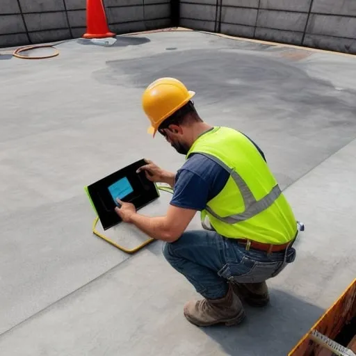 Prompt: A construction worker using augmented reality to inspect a concrete slab on the jobsite.
