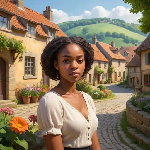 Prompt: (picturesque village square), traditional houses, (rolling hills) in the background, (contemplative young black woman), serene atmosphere, vibrant colors, soft sunlight casting gentle shadows, lush greenery, cobblestone pathways, charming details of flowers, cozy feel, (ultra-detailed), high-quality image.