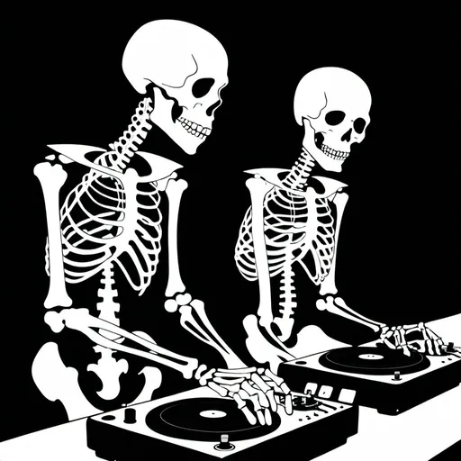 Prompt: make the Same image as before but have two skeletons instead of one. i used the following prompt: make an image of a skeleton music producer reading a dictionary with two turntables and a microphone. use a blank or black background