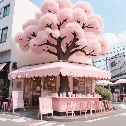 Prompt: A Kawaii Cafe. To The Left Of It There Is a Kawaii Tree.