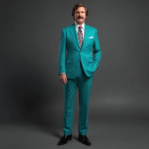 Prompt: full body. anchorman in teal suit and black shoes
