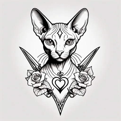 Prompt: thin line art tattoo design of a sphynx cat with its heart pierced by a dagger