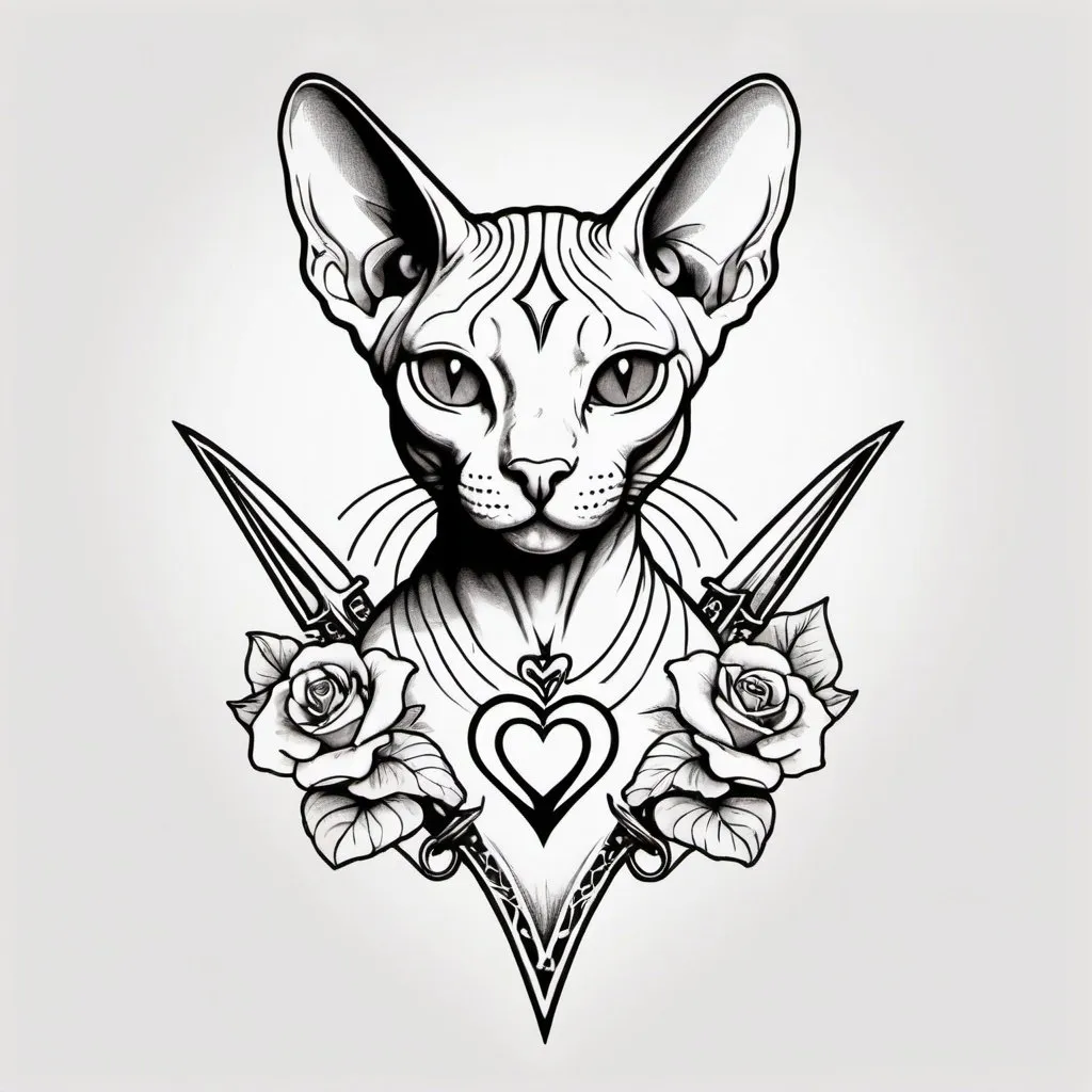 Prompt: thin line art tattoo design of a sphynx cat with its heart pierced by a dagger