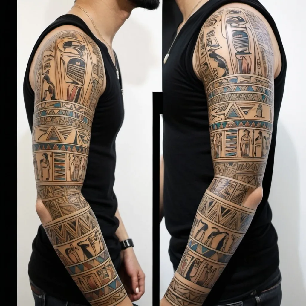 Prompt: Egyptian inspired full arm tattoo sleeve