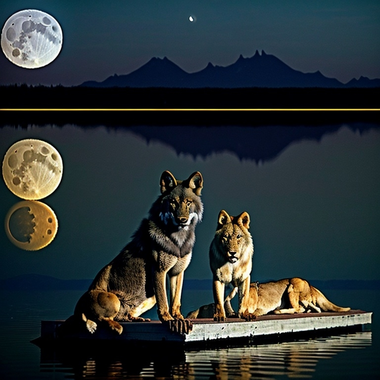 Prompt: a black wolf, a lioness and full moon on lake of calm waters.