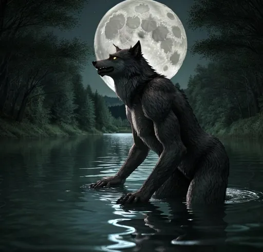 Prompt: a werewolf in a lake howling at the moon