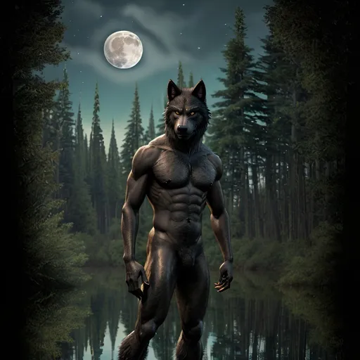 Prompt: black werewolf, wolf fur, wolf face mix, full body, men, very skiny body with long tail,full moon, lake, more detail, trees, detallistic face, use face reference, reflections,brillant eyes