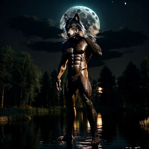 Prompt: black werewolf, wolf fur, wolf face mix, full body, men, very skiny body, long tail,full moon, lake, more detail, trees, detallistic face, use face reference, reflections