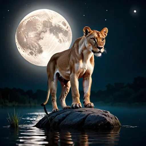 Prompt: Lioness,far, in a lake, night, full moon,very details, high resolution,lioness skin, animal, strong, muscles