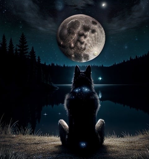 Prompt: black wolf, howling, full moon, lake, starry sky, reflectaions, detailled skin, 