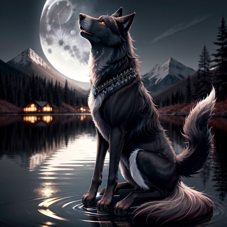 Prompt: foreground black wolf, howling, full moon, background lake, reflectaions, detailed skin