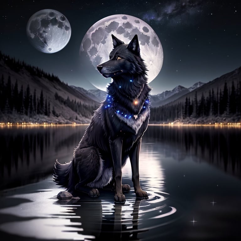 Prompt: foreground black wolf, howling, full moon, background lake, starry sky, reflectaions, detailed skin, 