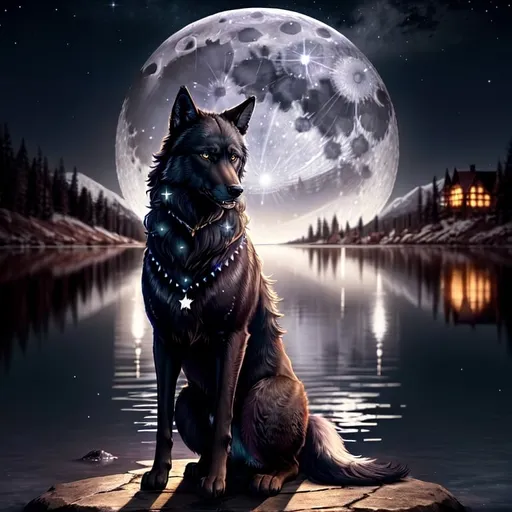 Prompt: black wolf, howling, full moon, lake, starry sky, reflectaions, detailed skin, 