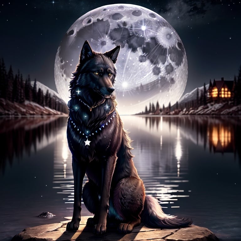 Prompt: black wolf, howling, full moon, lake, starry sky, reflectaions, detailed skin, 