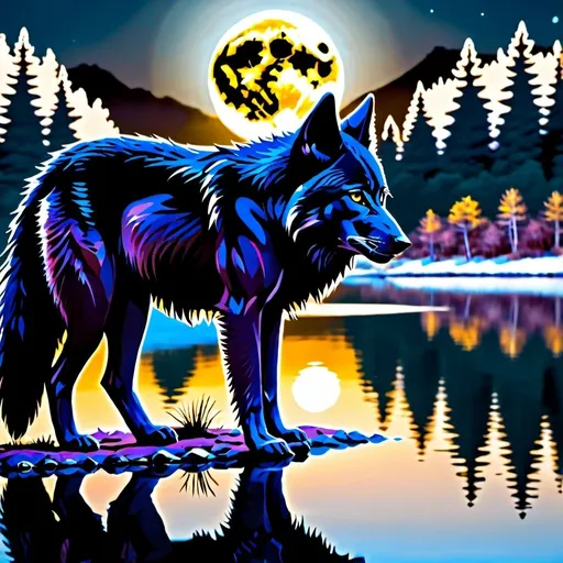 Prompt: Black wolf talking to the moon, full moon, lake, night, reflections 