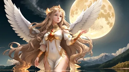 Prompt: a goddess with enormous wings as big as half her body.
her light brown hair, her transparent white clothes, a golden crown on her head, with honey-colored eyes, thin in appearance, floating on a lake. with the full moon in the background reflected on the lake.