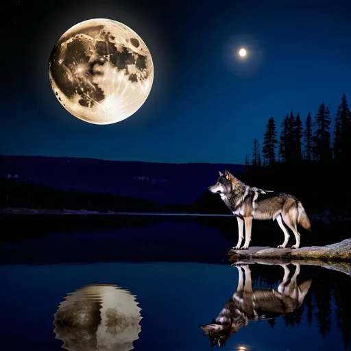 Prompt: Black wolf talking to the moon, full moon, lake, night, reflections 