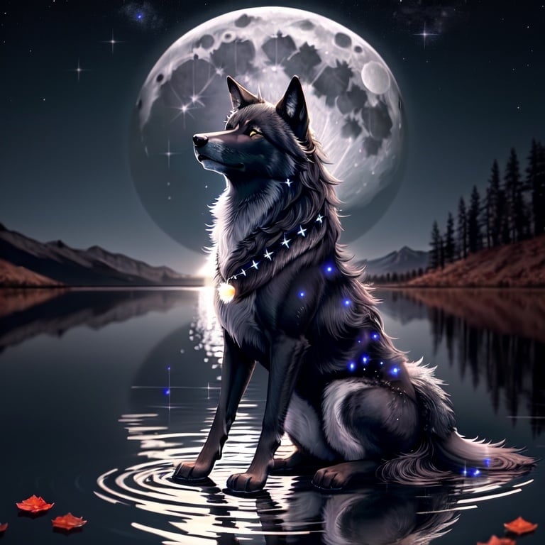 Prompt: black wolf, howling, full moon, lake, starry sky, reflectaions, detailed skin, 