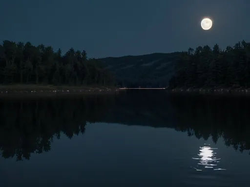 Prompt: full moon, lake, night, reflect over water