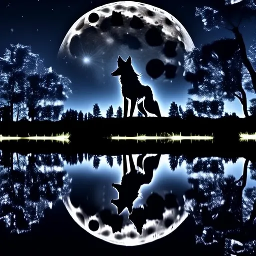 Prompt: Black Wolf talking to the moon, lake, night, reflection, trees,full moon