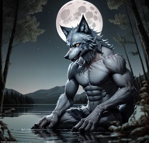 Prompt: a werewolf, looking more like a wolf than a human, very skinny and not very muscular. on a quiet lake howling at the full moon that appears silver blue in the distance