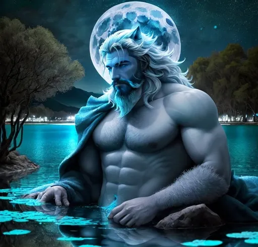 Prompt: un hombre lobo en un lago tranquilo aullando a la luna llena que se ve a lo lejos de color azul plata