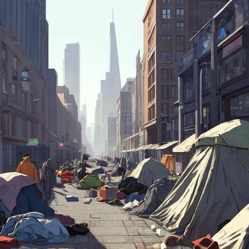 Prompt: Street view of a western city in which there are people passing by and some homeless people sleeping on the floor, surrounded by their stuff. The image is digitally annotated and everything is assigned to a different category. People are labeled as objects. The buildings on the background are more realistic. People are labeled by a computer.