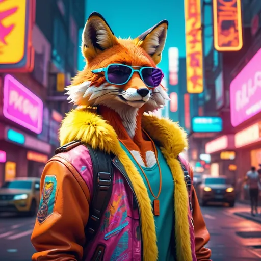 Prompt: Stylish fox in summer clothes and sunglasses, South American vibes, game-cyberpunk style, detailed fur with sun-kissed highlights, vibrant and lively color palette, futuristic urban setting with neon signs, confident and playful pose, high quality, 4k, ultra-detailed, game-cyberpunk, vibrant colors, futuristic cityscape, detailed fur, stylish outfit, confident pose, summer vibes, neon lighting