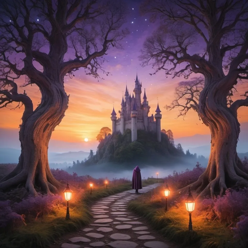 Prompt: "An enchanted forest at dusk, with ethereal glowing mushrooms and ancient, twisted trees. A mysterious hooded figure stands on a stone path, holding a lantern that emits a soft, magical light. In the background, a majestic castle towers over the treetops, bathed in the warm hues of the setting sun. The sky is a blend of deep purples and oranges, with stars beginning to twinkle."