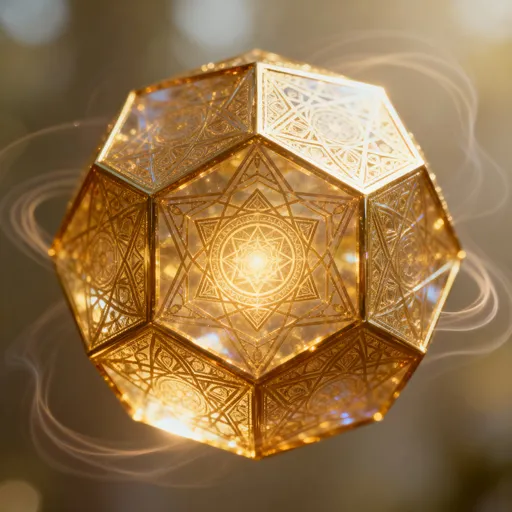 Prompt: Un dodécaèdre doré divin multidimensionnel dédié a l'alchimisation des mémoires stagnantes dans le corps 